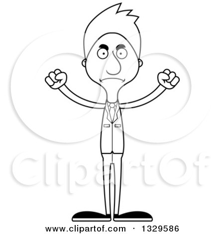 Lineart Clipart of a Cartoon Black and White Angry Tall Skinny White Business Man - Royalty Free Outline Vector Illustration by Cory Thoman