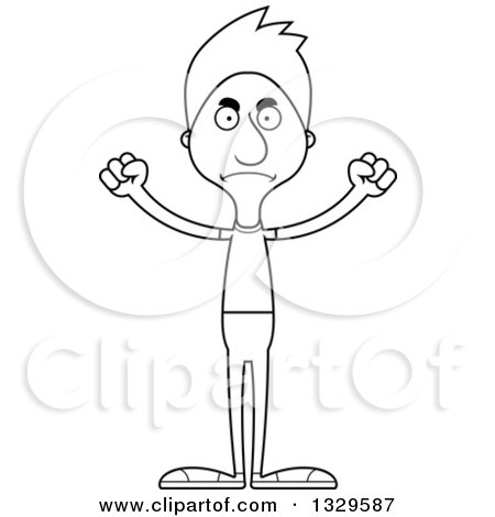 Lineart Clipart of a Cartoon Black and White Angry Tall Skinny White Casual Man - Royalty Free Outline Vector Illustration by Cory Thoman