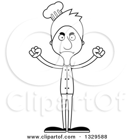 Lineart Clipart of a Cartoon Black and White Angry Tall Skinny White Chef Man - Royalty Free Outline Vector Illustration by Cory Thoman