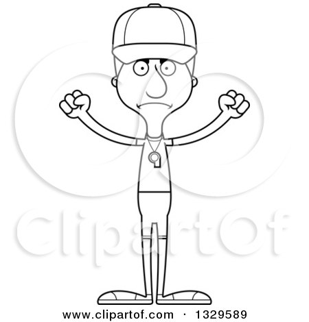 Lineart Clipart of a Cartoon Black and White Angry Tall Skinny White Man Sports Coach - Royalty Free Outline Vector Illustration by Cory Thoman