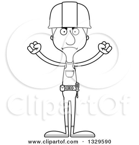 Lineart Clipart of a Cartoon Black and White Angry Tall Skinny White Construction Worker Man - Royalty Free Outline Vector Illustration by Cory Thoman
