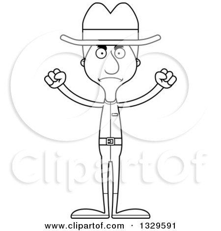 Lineart Clipart of a Cartoon Black and White Angry Tall Skinny White Man Cowoby - Royalty Free Outline Vector Illustration by Cory Thoman