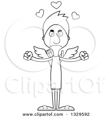 Lineart Clipart of a Cartoon Black and White Angry Tall Skinny White Man - Royalty Free Outline Vector Illustration by Cory Thoman