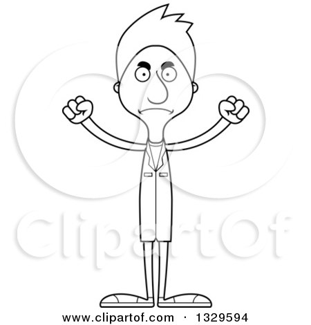 Lineart Clipart of a Cartoon Black and White Angry Tall Skinny White Doctor Man - Royalty Free Outline Vector Illustration by Cory Thoman