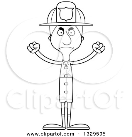 Lineart Clipart of a Cartoon Black and White Angry Tall Skinny White Man Firefighter - Royalty Free Outline Vector Illustration by Cory Thoman