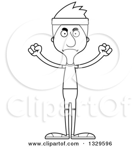 Lineart Clipart of a Cartoon Black and White Angry Tall Skinny White Fitness Man - Royalty Free Outline Vector Illustration by Cory Thoman