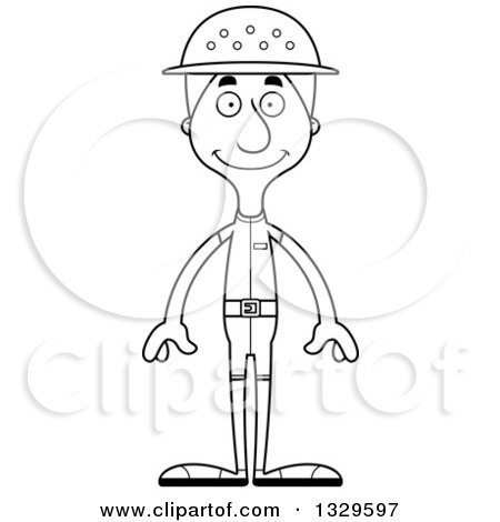 Lineart Clipart of a Cartoon Black and White Happy Tall Skinny White Zookeeper Man - Royalty Free Outline Vector Illustration by Cory Thoman