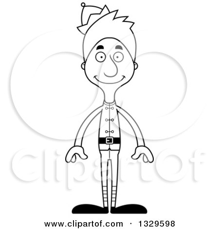 Lineart Clipart of a Cartoon Black and White Happy Tall Skinny White Christmas Elf Man - Royalty Free Outline Vector Illustration by Cory Thoman