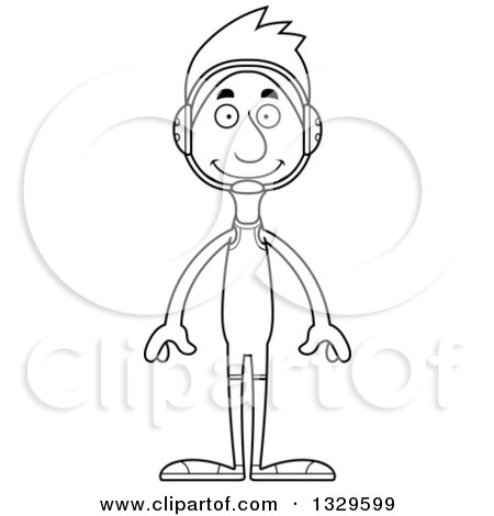 Lineart Clipart of a Cartoon Black and White Happy Tall Skinny White Man Wrestler - Royalty Free Outline Vector Illustration by Cory Thoman
