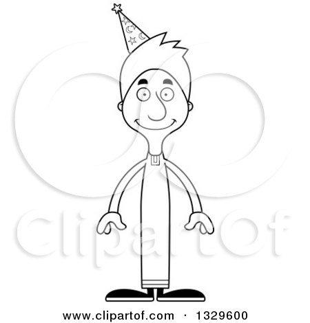 Lineart Clipart of a Cartoon Black and White Happy Tall Skinny White Wizard Man - Royalty Free Outline Vector Illustration by Cory Thoman