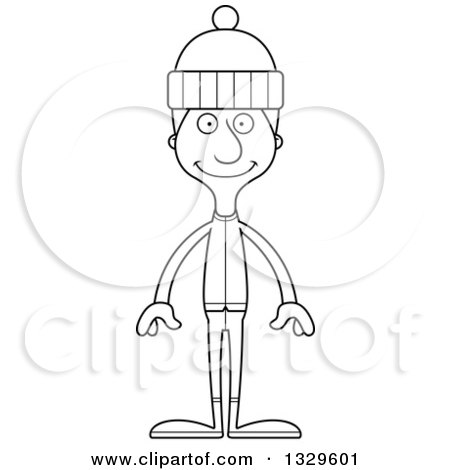 Lineart Clipart of a Cartoon Black and White Happy Tall Skinny White Man in Winter Clothes - Royalty Free Outline Vector Illustration by Cory Thoman