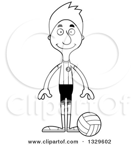Lineart Clipart of a Cartoon Black and White Happy Tall Skinny White Man Volleyball Player - Royalty Free Outline Vector Illustration by Cory Thoman