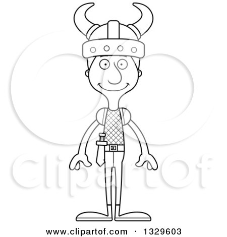 Lineart Clipart of a Cartoon Black and White Happy Tall Skinny White Viking Man - Royalty Free Outline Vector Illustration by Cory Thoman