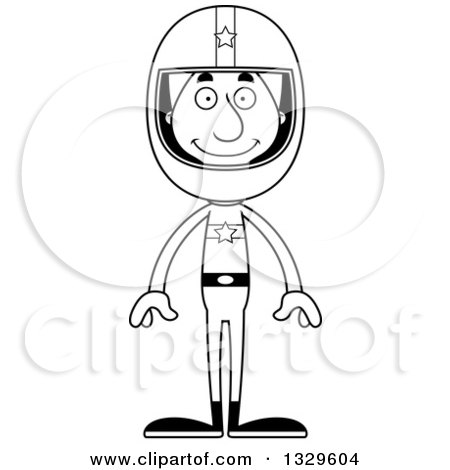 Lineart Clipart of a Cartoon Black and White Happy Tall Skinny White Man Race Car Driver - Royalty Free Outline Vector Illustration by Cory Thoman