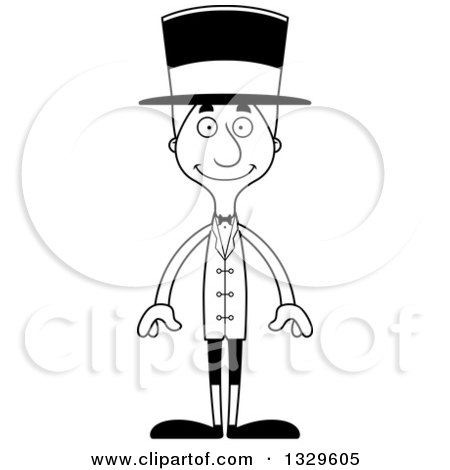 Lineart Clipart of a Cartoon Black and White Happy Tall Skinny White Man Circus Ringmaster - Royalty Free Outline Vector Illustration by Cory Thoman