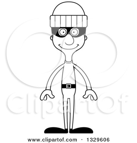 Lineart Clipart of a Cartoon Black and White Happy Tall Skinny White Robber Man - Royalty Free Outline Vector Illustration by Cory Thoman
