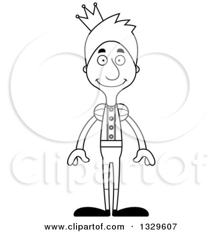 Lineart Clipart of a Cartoon Black and White Happy Tall Skinny White Man Prince - Royalty Free Outline Vector Illustration by Cory Thoman
