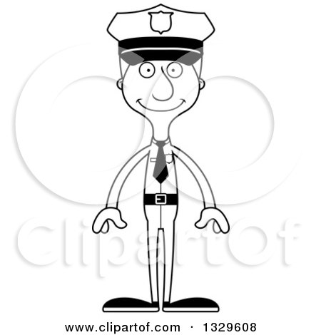 Lineart Clipart of a Cartoon Black and White Happy Tall Skinny White Man Police Officer - Royalty Free Outline Vector Illustration by Cory Thoman