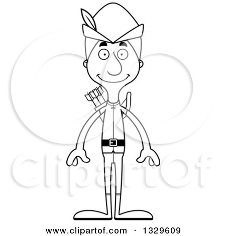 Lineart Clipart of a Cartoon Black and White Happy Tall Skinny White Robin Hood Man - Royalty Free Outline Vector Illustration by Cory Thoman