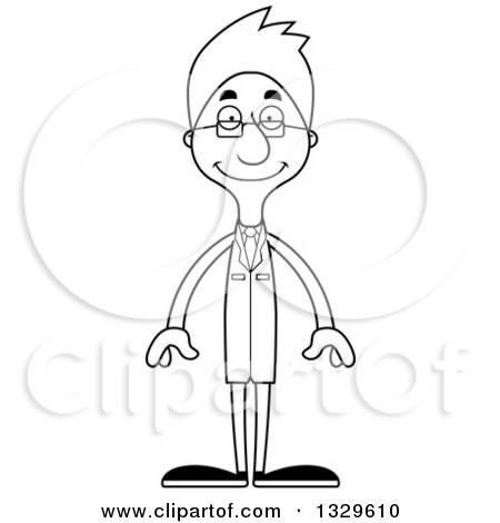 Lineart Clipart of a Cartoon Black and White Happy Tall Skinny White Scientist Man - Royalty Free Outline Vector Illustration by Cory Thoman