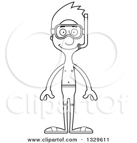 Lineart Clipart of a Cartoon Black and White Happy Tall Skinny White Man in Snorkel Gear - Royalty Free Outline Vector Illustration by Cory Thoman