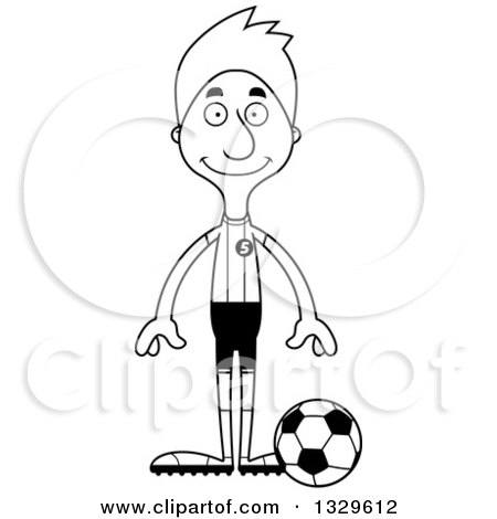 Lineart Clipart of a Cartoon Black and White Happy Tall Skinny White Man Soccer Player - Royalty Free Outline Vector Illustration by Cory Thoman