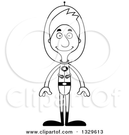 Lineart Clipart of a Cartoon Black and White Happy Tall Skinny White Futuristic Space Man - Royalty Free Outline Vector Illustration by Cory Thoman