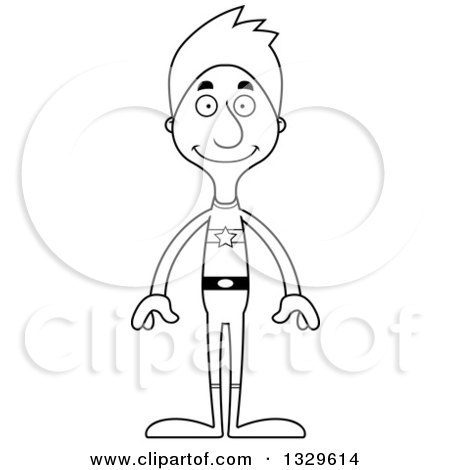 Lineart Clipart of a Cartoon Black and White Happy Tall Skinny White Super Hero Man - Royalty Free Outline Vector Illustration by Cory Thoman