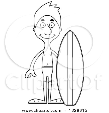 Lineart Clipart of a Cartoon Black and White Happy Tall Skinny White Surfer Man - Royalty Free Outline Vector Illustration by Cory Thoman