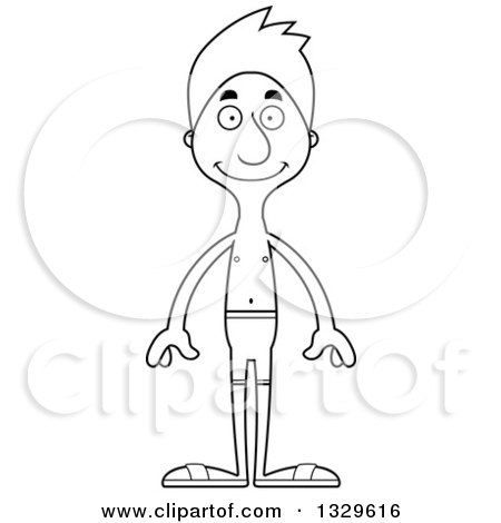 Lineart Clipart of a Cartoon Black and White Happy Tall Skinny White Man Swimmer - Royalty Free Outline Vector Illustration by Cory Thoman