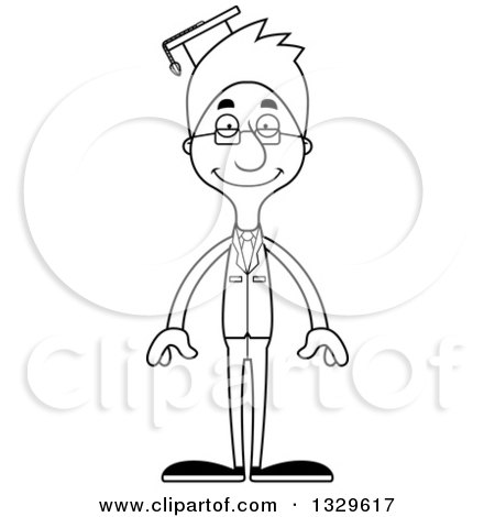 Lineart Clipart of a Cartoon Black and White Happy Tall Skinny White Man Professor - Royalty Free Outline Vector Illustration by Cory Thoman