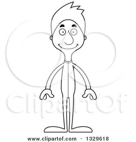 Lineart Clipart of a Cartoon Black and White Happy Tall Skinny White Man in Footie Pajamas - Royalty Free Outline Vector Illustration by Cory Thoman