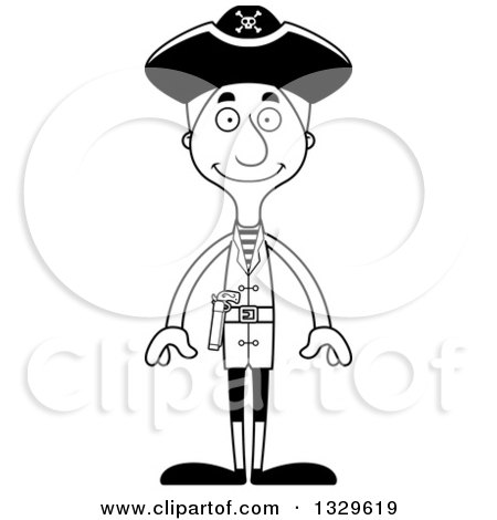 Lineart Clipart of a Cartoon Black and White Happy Tall Skinny White Pirate Man - Royalty Free Outline Vector Illustration by Cory Thoman