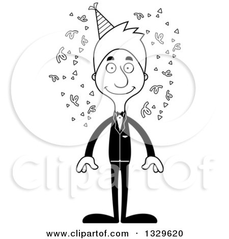 Lineart Clipart of a Cartoon Black and White Happy Tall Skinny White Party Man - Royalty Free Outline Vector Illustration by Cory Thoman