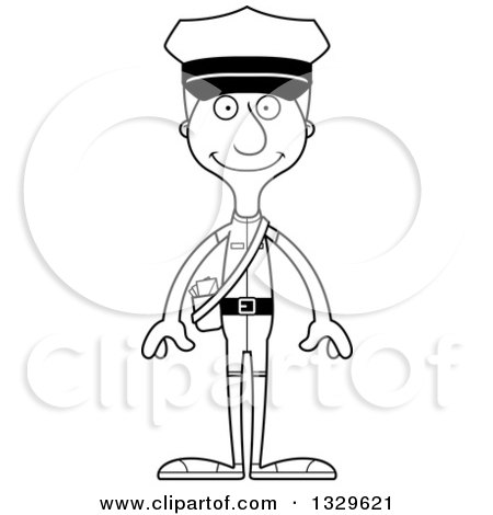 Lineart Clipart of a Cartoon Black and White Happy Tall Skinny White Mail Man - Royalty Free Outline Vector Illustration by Cory Thoman