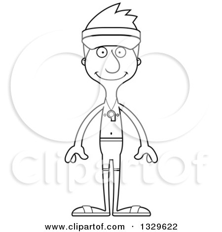 Lineart Clipart of a Cartoon Black and White Happy Tall Skinny White Lifeguard Man - Royalty Free Outline Vector Illustration by Cory Thoman