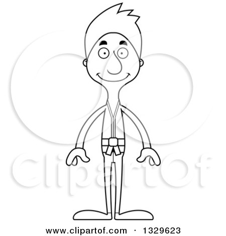 Lineart Clipart of a Cartoon Black and White Happy Tall Skinny White Karate Man - Royalty Free Outline Vector Illustration by Cory Thoman