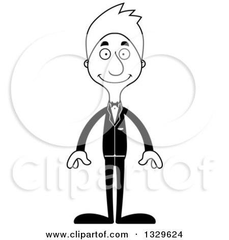 Lineart Clipart of a Cartoon Black and White Happy Tall Skinny White Man Wedding Groom - Royalty Free Outline Vector Illustration by Cory Thoman
