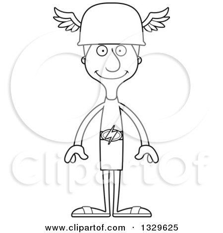 Lineart Clipart of a Cartoon Black and White Happy Tall Skinny White Hermes Man - Royalty Free Outline Vector Illustration by Cory Thoman