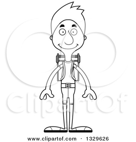 Lineart Clipart of a Cartoon Black and White Happy Tall Skinny White Man Hiker - Royalty Free Outline Vector Illustration by Cory Thoman
