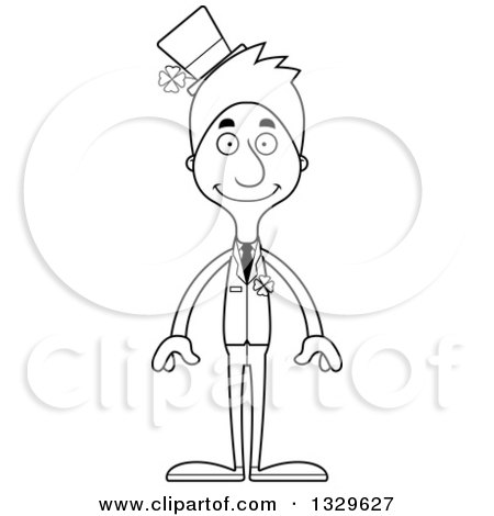 Lineart Clipart of a Cartoon Black and White Happy Tall Skinny White Irish St Patricks Day Man - Royalty Free Outline Vector Illustration by Cory Thoman