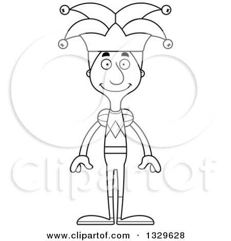 Lineart Clipart of a Cartoon Black and White Happy Tall Skinny White Man Jester - Royalty Free Outline Vector Illustration by Cory Thoman