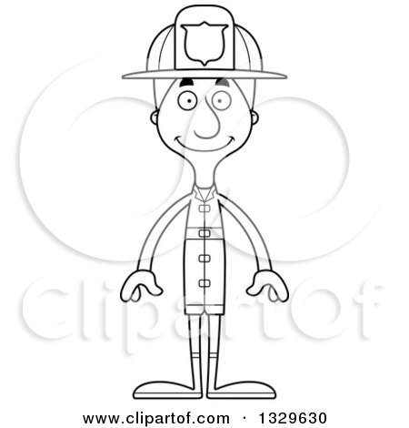 Lineart Clipart of a Cartoon Black and White Happy Tall Skinny White Man Firefighter - Royalty Free Outline Vector Illustration by Cory Thoman
