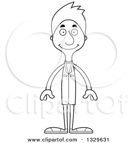 Lineart Clipart of a Cartoon Black and White Happy Tall Skinny White Doctor Man - Royalty Free Outline Vector Illustration by Cory Thoman