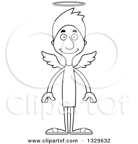 Lineart Clipart of a Cartoon Black and White Happy Tall Skinny White Angel Man - Royalty Free Outline Vector Illustration by Cory Thoman