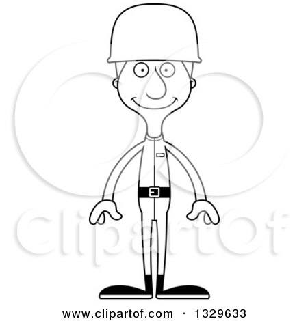 Lineart Clipart of a Cartoon Black and White Happy Tall Skinny White Man Army Soldier - Royalty Free Outline Vector Illustration by Cory Thoman