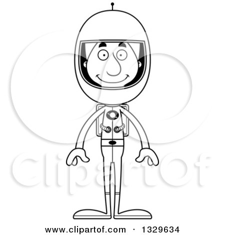 Lineart Clipart of a Cartoon Black and White Happy Tall Skinny White Astronaut Man - Royalty Free Outline Vector Illustration by Cory Thoman