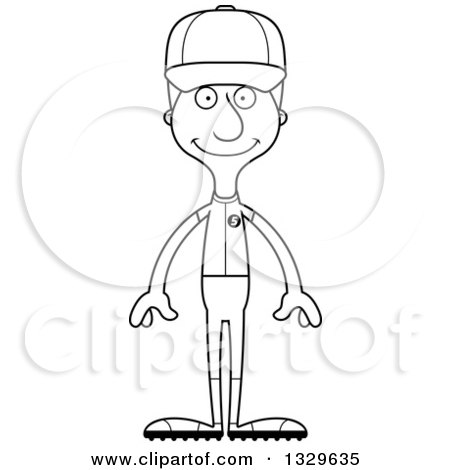 Lineart Clipart of a Cartoon Black and White Happy Tall Skinny White Man Baseball Player - Royalty Free Outline Vector Illustration by Cory Thoman
