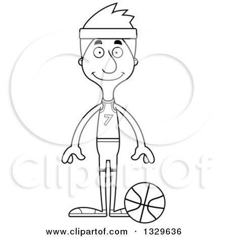 Lineart Clipart of a Cartoon Black and White Happy Tall Skinny White Man Basketball Player - Royalty Free Outline Vector Illustration by Cory Thoman