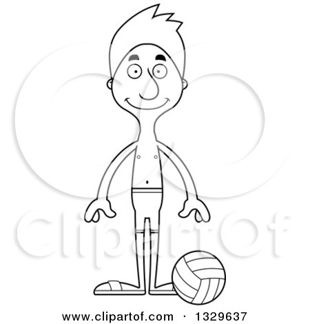 Lineart Clipart of a Cartoon Black and White Happy Tall Skinny White Man Beach Volleyball Player - Royalty Free Outline Vector Illustration by Cory Thoman